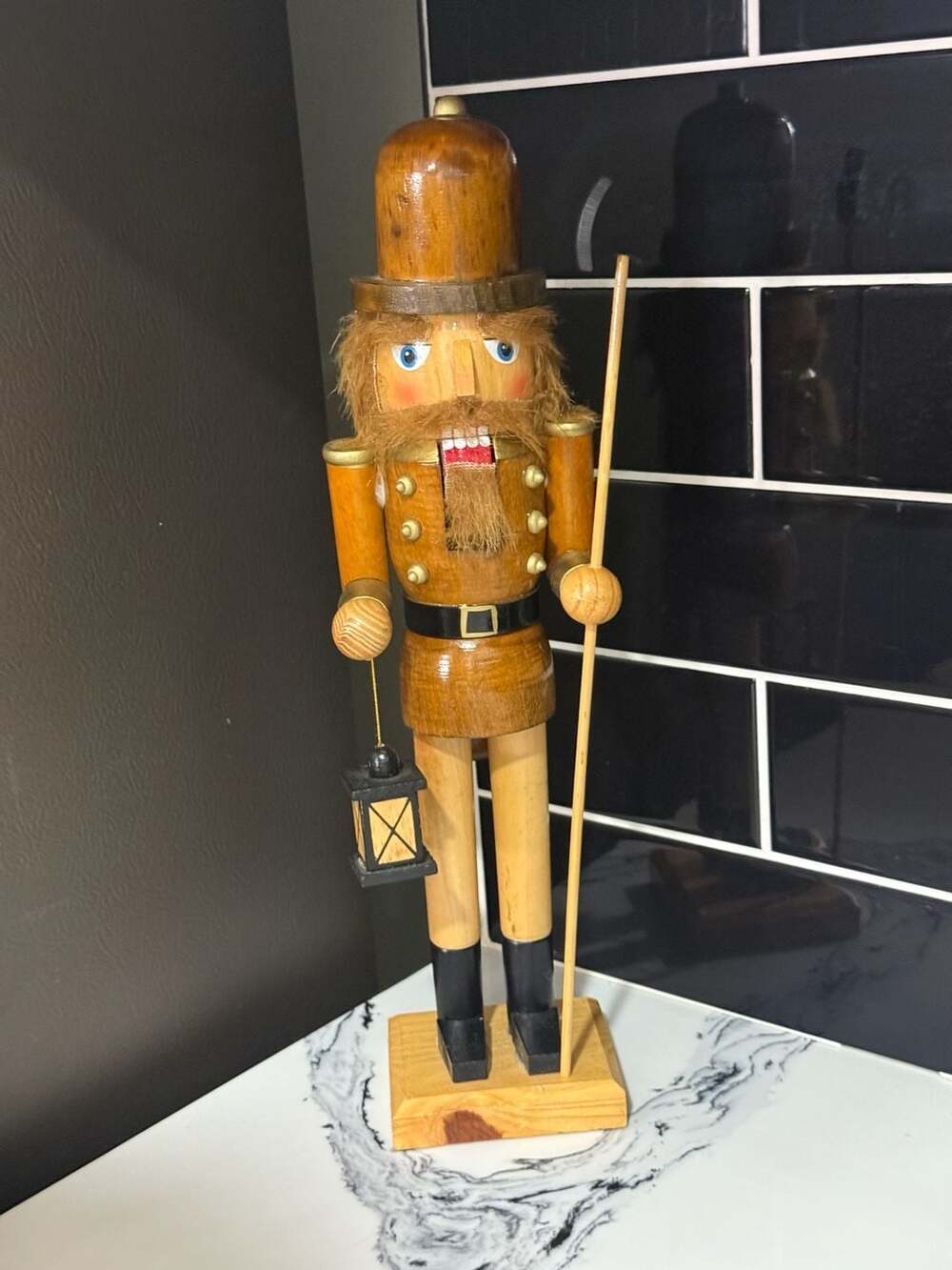 Vintage Handcrafted Erzgebirge Style Wooden Night Watchman Nutcracker with Lante